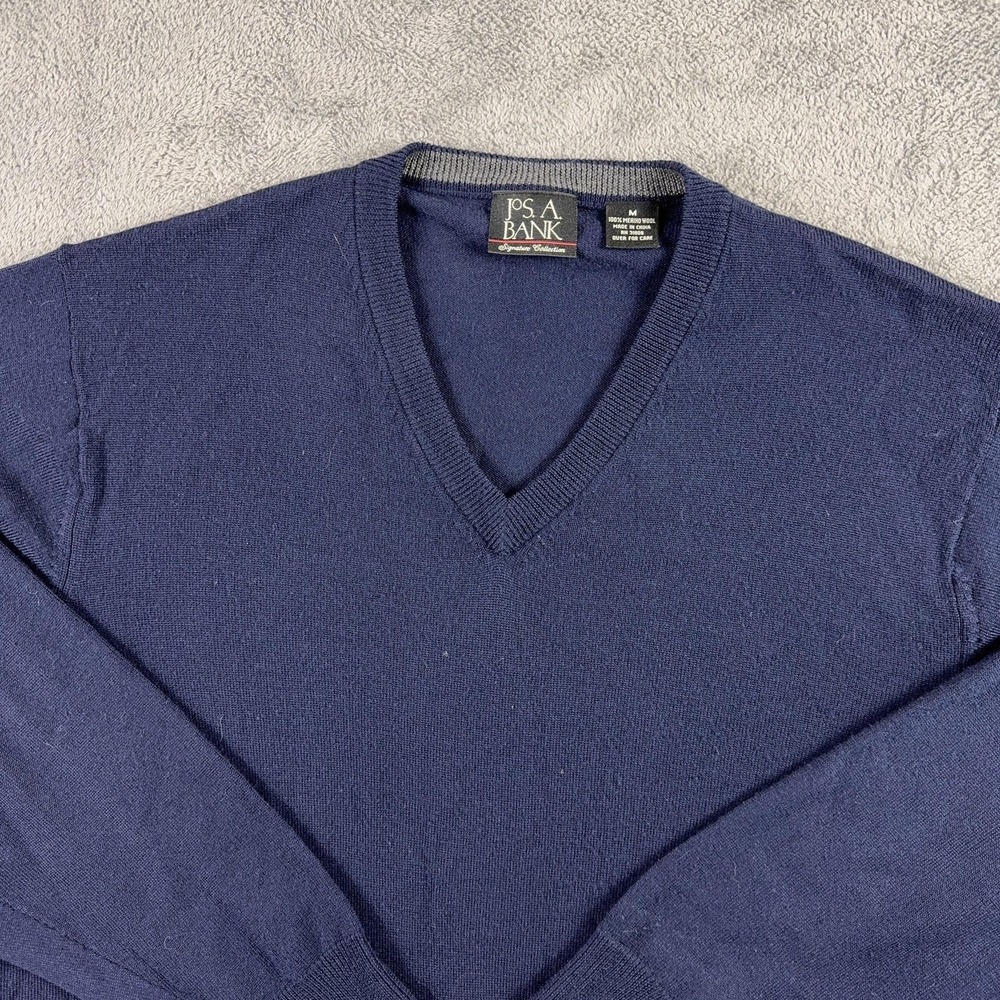 Jos A Bank‎ Signature Sweater Mens Medium Blue Merino Wool V Neck Pullover